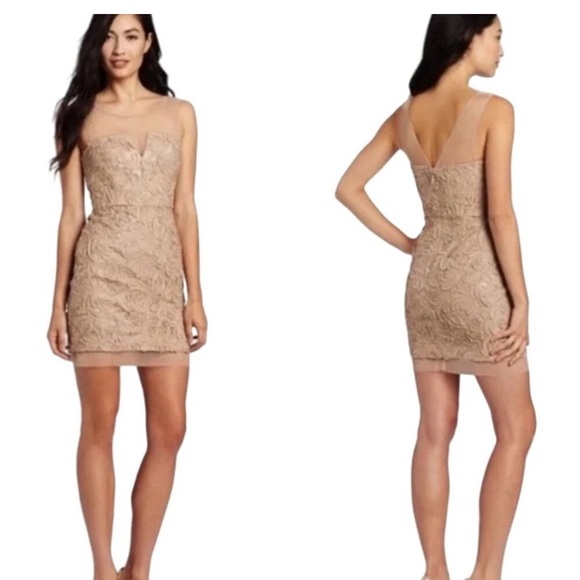 BCBGMaxAzria Dresses & Skirts - BCBG Max Azria Abigail Embroidered Cocktail Dress Champagne Mini Size 4 Wedding